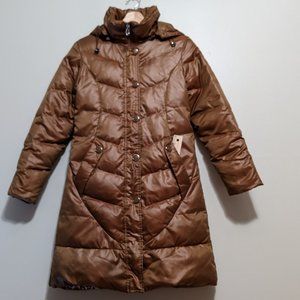 Yaya Women XS S Gold Brown Long Down Caot Hood Fur Scarf Double Zipper